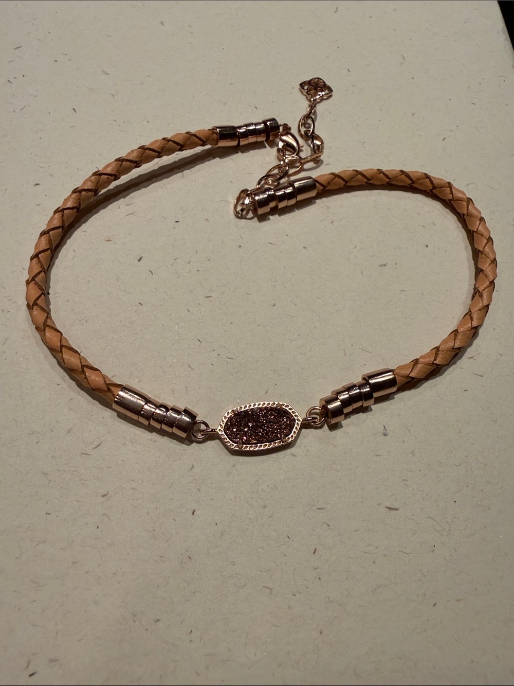 Kendra Scott Tan Braided Leather Cruz Bracelet with Rose Gold Druzy